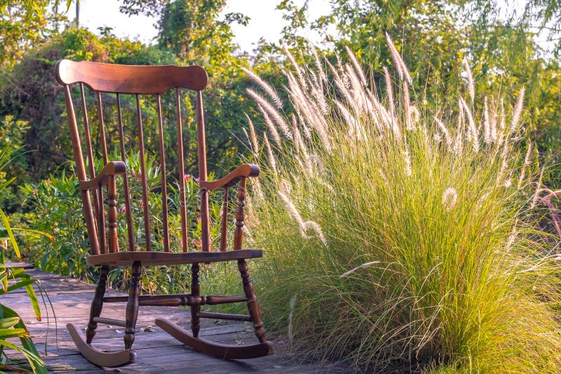 Empty Rocking Chair in Garden at Summer Sunset Stock Image Image of