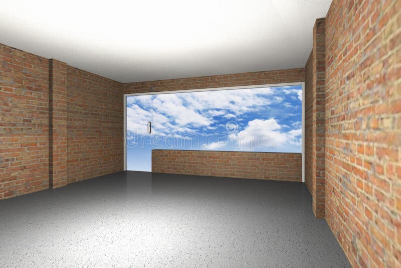 Empty room with brick wall, sky background