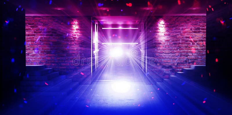 An empty room with brick walls and concrete floor. Empty room, stairs up, elevator, smoke, smog, neon lights, lanterns royalty free stock images