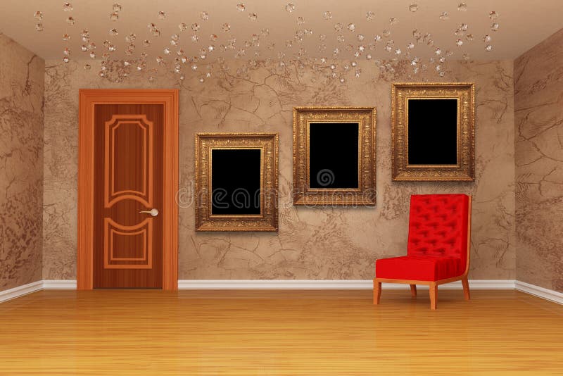 Empty room with door, red chair and frames