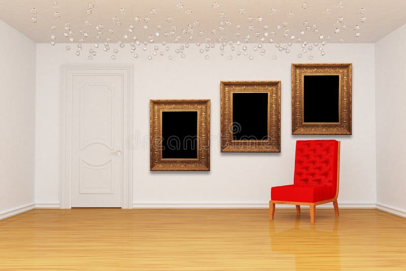 Empty room with door, red chair and picture frames