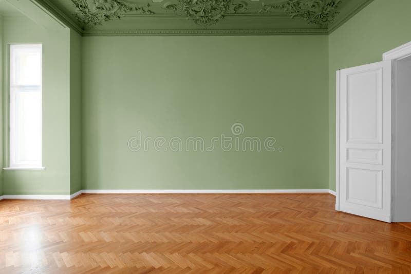 Empty room with green painted walls, home renovation concept