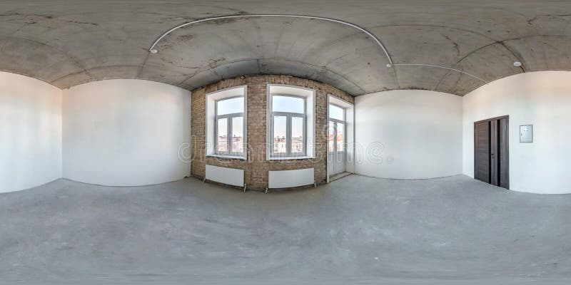 Empty room without repair in old building. full seamless spherical hdri panorama 360 degrees in interior of gray loft room office with panoramic windows in equirectangular projection