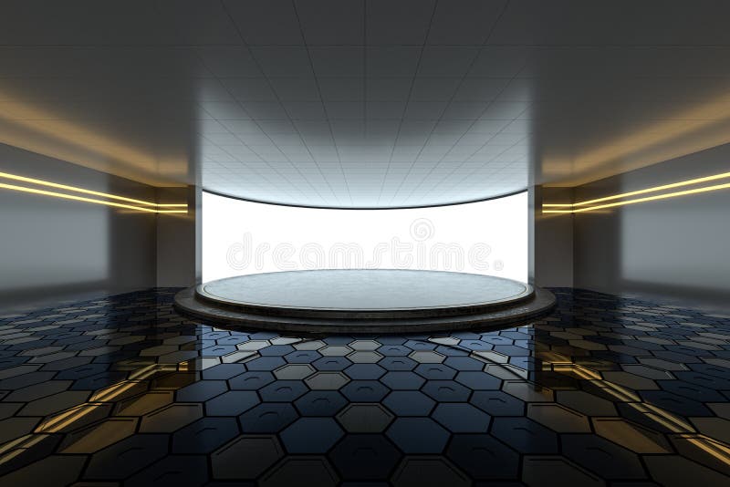 Empty room with round stage in the center, 3d rendering royalty free illustration