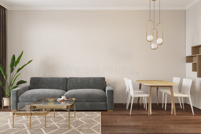 Empty room with sofa, dinner table, chairs, lamps coffee table and carpet. 3d mock up. stock illustration