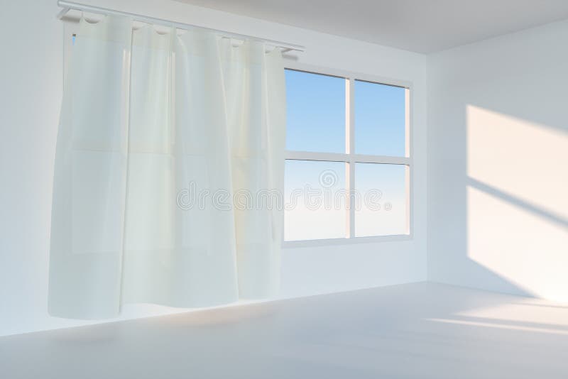 An empty room with sunshine come through the curtain, 3d rendering vector illustration