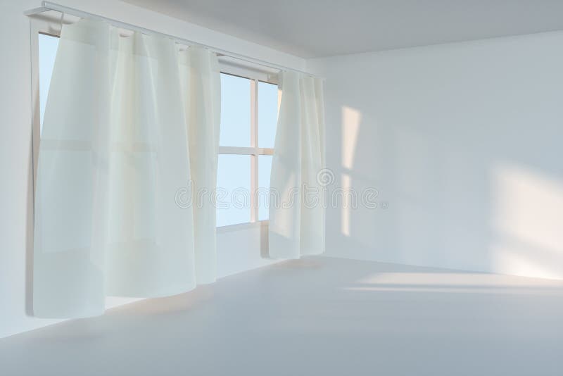 An empty room with sunshine come through the curtain, 3d rendering vector illustration