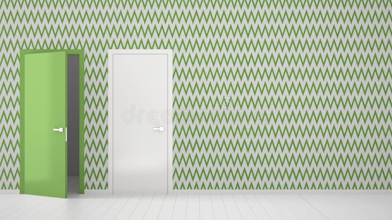 Empty room with white and green wallpaper interior design with open and closed doors with frame, wooden white floor. Choice, stock photo Empty room with white and green wallpaper interior design with open and closed doors with frame, wooden white floor. Choice, stock photo