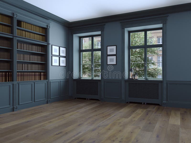 Empty room with windows and parquet. 3d rendering