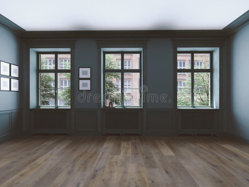 Empty room with windows and parquet. 3d rendering