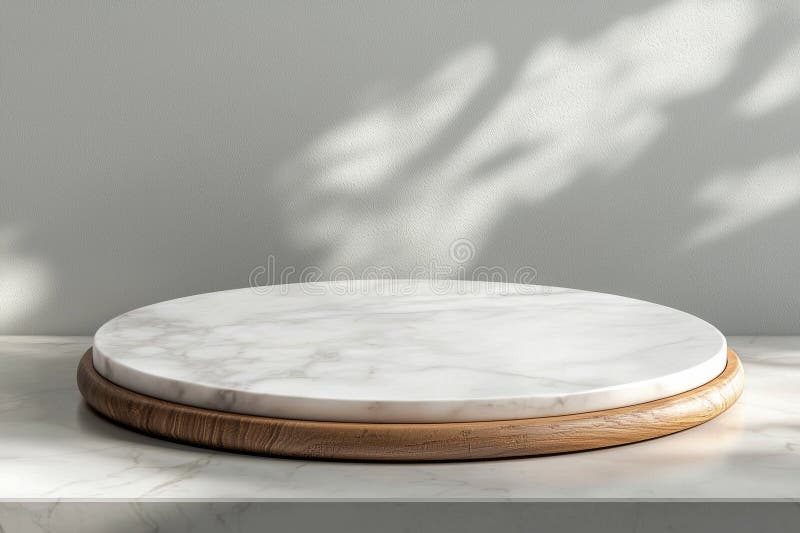 Empty round marble podium resting on an oak wooden stand, providing an elegant display for products on a marble table, with soft tree shadows creating a serene background. Elegant round display stand illustrations