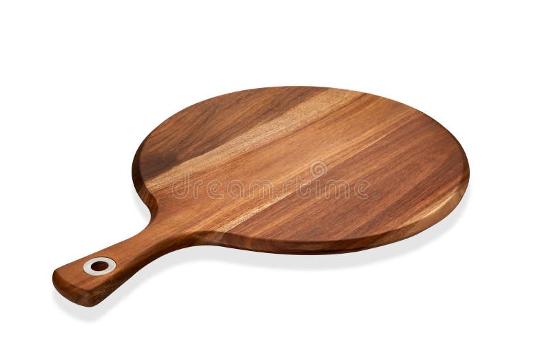Empty round wooden board, Wooden serving tray with handle, isolated on white background with clipping path