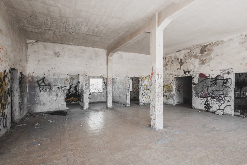 Empty run down room inside abandoned building ruin royalty free stock photos