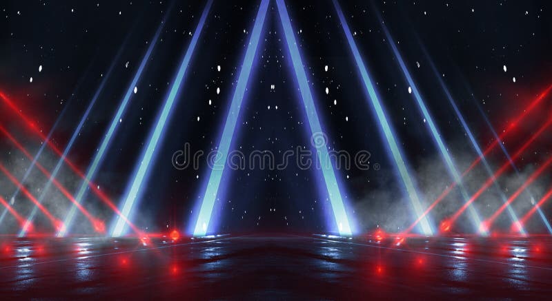 Background wall with neon lines and rays. Background dark corridor with neon light. Abstract background with lines and glow. Light stock photography
