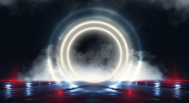 Background wall with neon lines and rays. Background dark corridor with neon light. Abstract background with lines and glow. Light stock photos