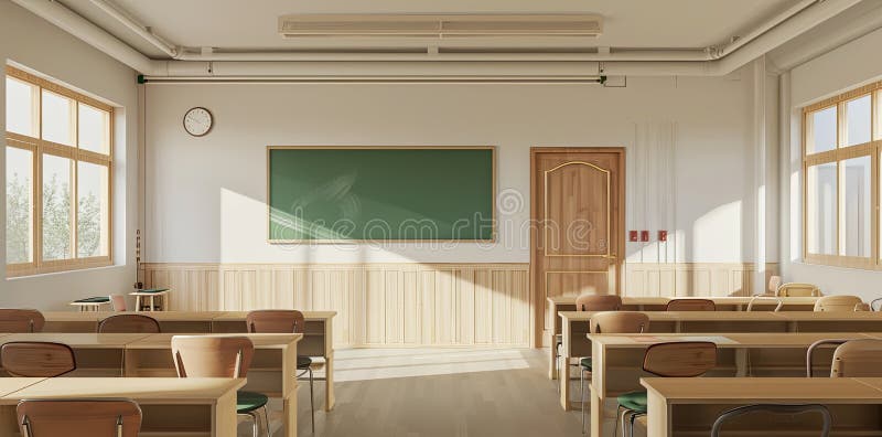 Empty School Classroom with Green Chalkboard in Neutral Palette AI Image royalty free illustration