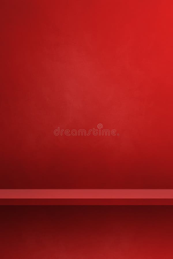 Empty shelf on a red wall. Background template. Vertical backdrop vector illustration