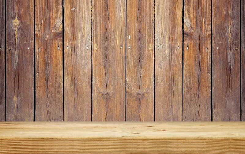 Empty shelf on wooden plank wall stock photography