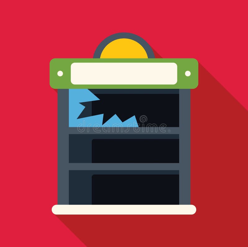Empty shop window displaying broken glass with red wall background stock illustration