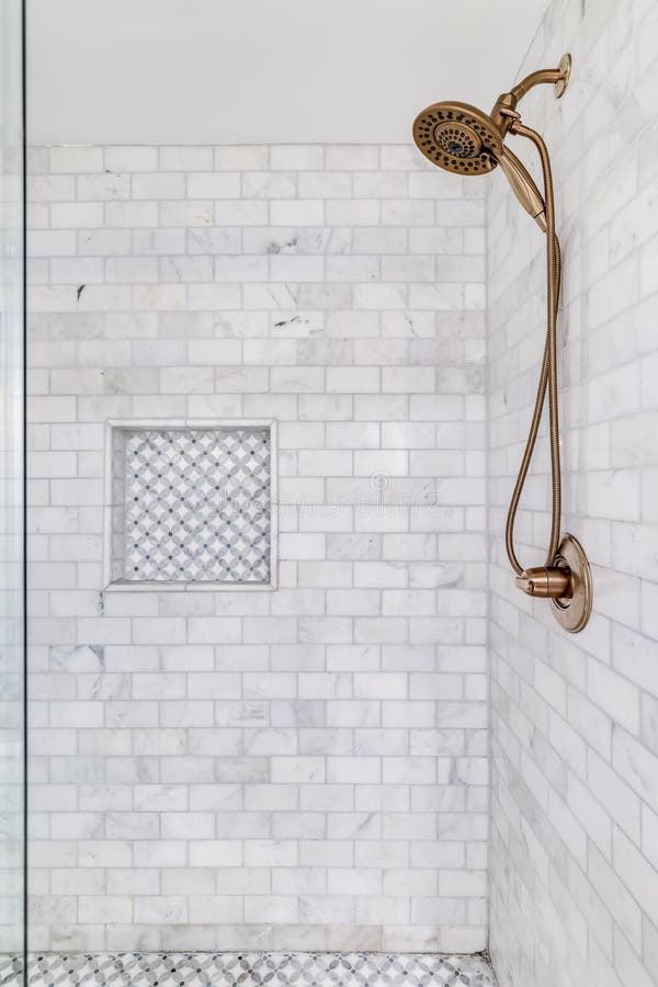 A Custom Tiled Shower With A Gold Shower Head Stock Photo Image Of Building Clean 197093998