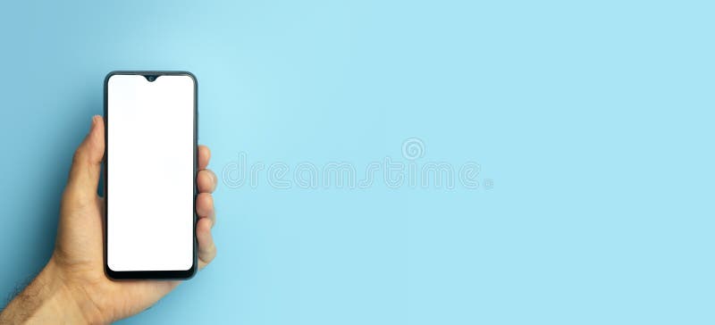 Empty Smartphone in Hand on Colored Blue Banner Background. Mockup Phone  with Blank Screen on Minimal Background Stock Photo - Image of isolated,  fashion: 225053370