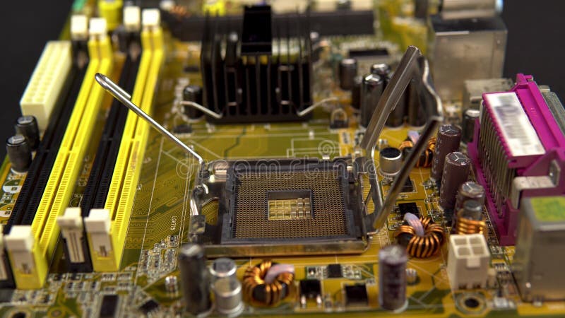 Empty socket for the central processor on the motherboard. The processing system of the central processes of the PC. A royalty free stock image