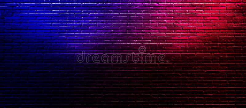 Studio dark room with lighting effect red and blue on brick wall grunge texture background for interior decoration.