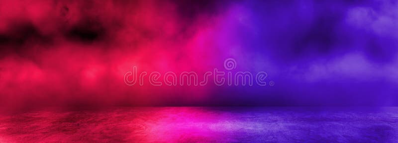 Empty space of Studio dark room with white fog and lighting effect red and blue on concrete floor. stock images