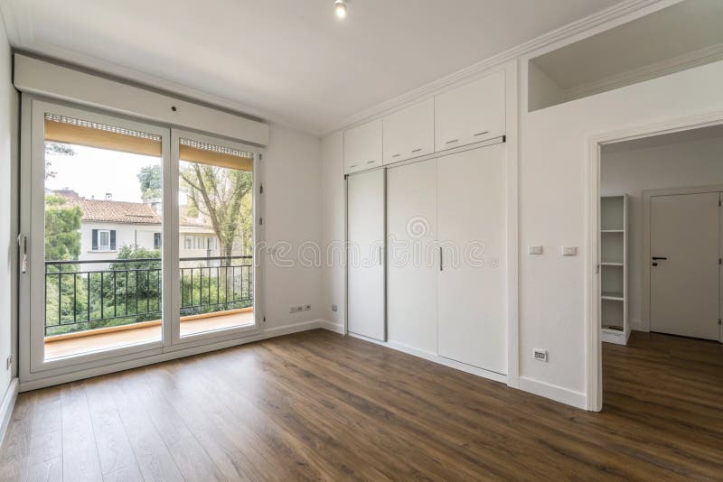 Empty spacious bedroom with white walls and laminated floor vector illustration