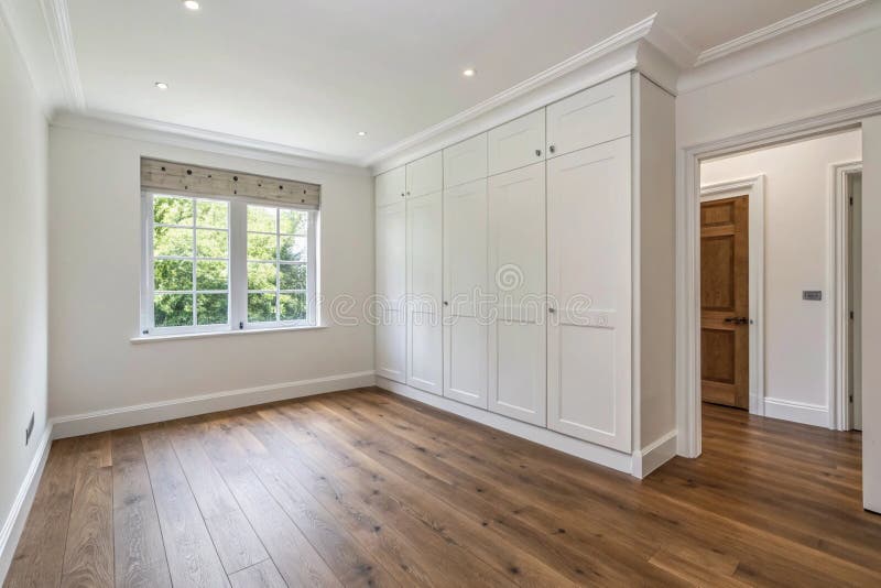 Empty spacious bedroom with white walls and laminated floor royalty free illustration