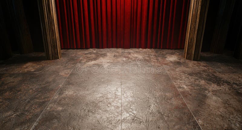 Empty stage with red curtain backdrop. Created with the help of Generative AI tools.