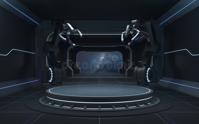 Empty stage and robotic arms, 3d rendering vector illustration