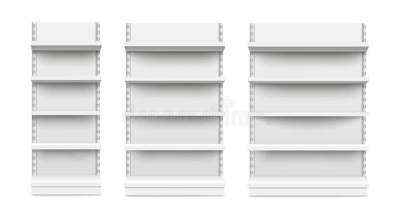 Empty stand retail shelves three diferent size pieces mockup vector.