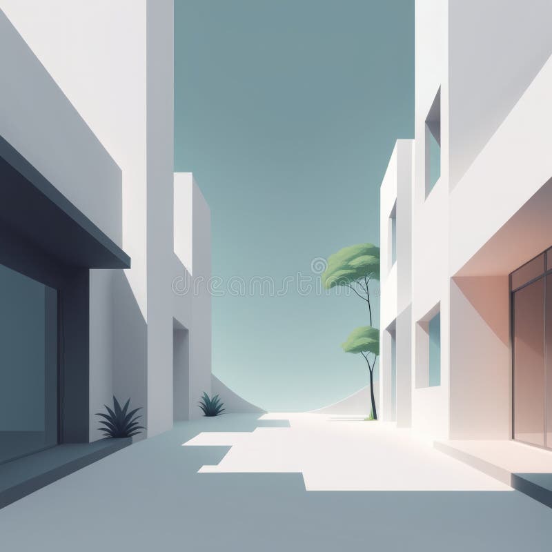 Empty street with palm trees. 3d illustration. modern architecture building 3d royalty free illustration.