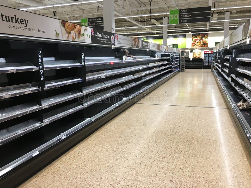 Empty supermarket shelfs before home quarantine in time coronavirus covid-19 UK royalty free stock images Empty supermarket shelfs before home quarantine in time coronavirus covid-19 UK royalty free stock images