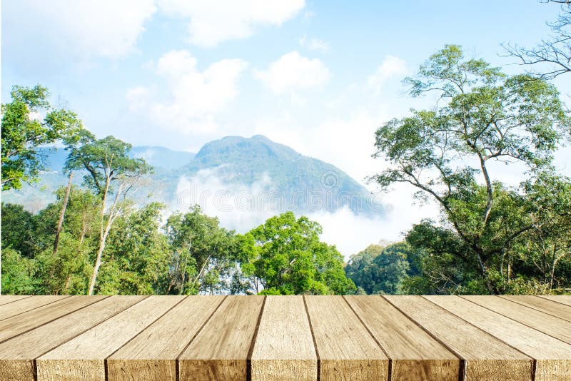 Empty table, perspective wood over nature landscape with bokeh b royalty free stock image