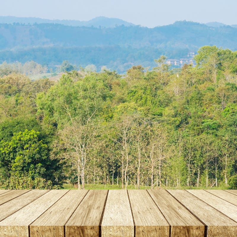 Empty table, perspective wood over nature landscape with bokeh b stock photo