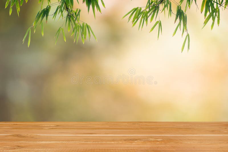 Empty Table Wood and Bamboo Leave on Bokeh Nature Background Stock