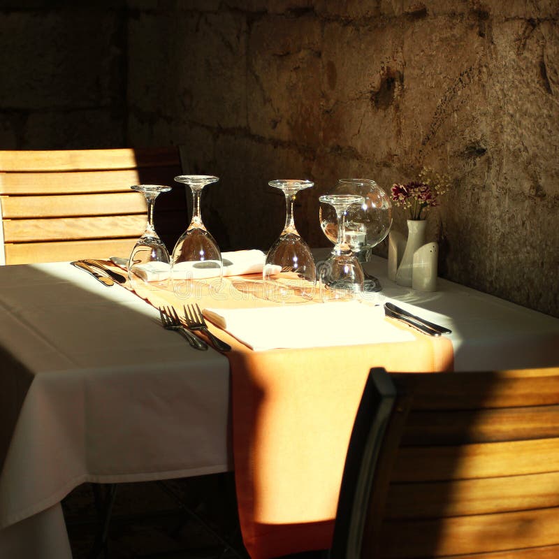 Empty Tables in Cozy Cafe with Empty Wine Glasses in Old European ...