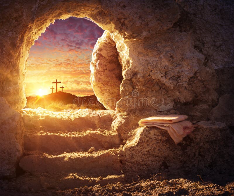 Empty Tomb With Crucifixion At Sunrise. Resurrection Concept stock image Empty Tomb With Crucifixion At Sunrise. Resurrection Concept stock image
