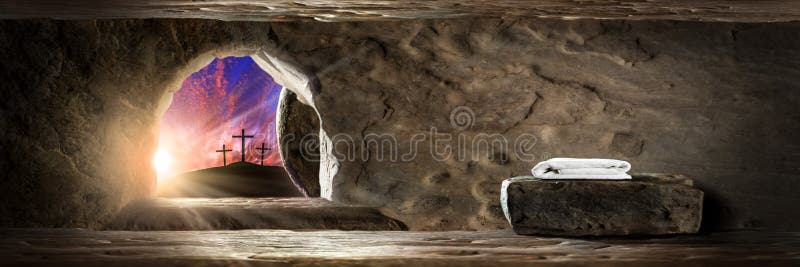The Resurrection Day. Empty Tomb Of Jesus Christ At Sunrise With Three Crosses In The Distance - Resurrection Concept royalty free stock image