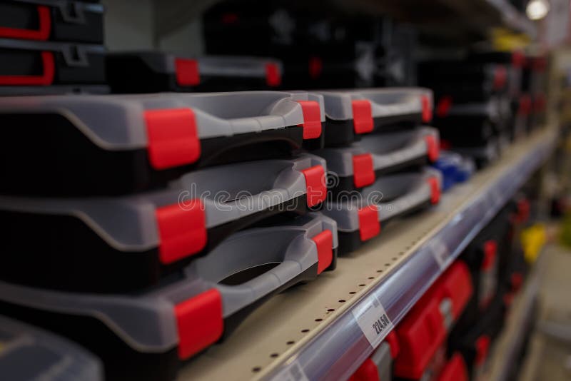 Empty Tool Boxes or Containers for Instruments on Supermarket Shelf