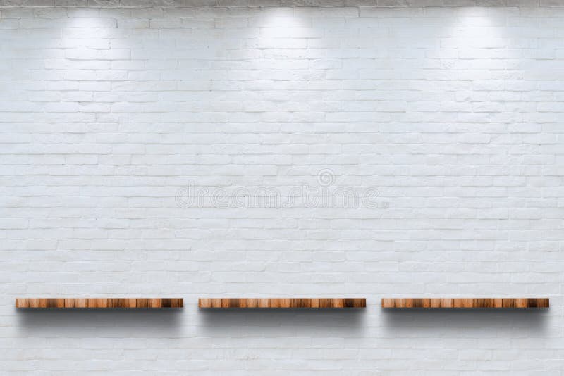 Empty top of wooden shelf with white brick wall background stock photos