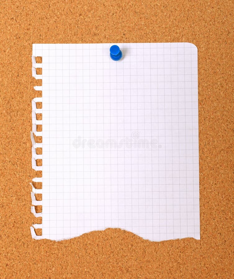 Torn notebook paper note cork board memo notice bulletin pin remider office message thumbtack brown background sheet list attached