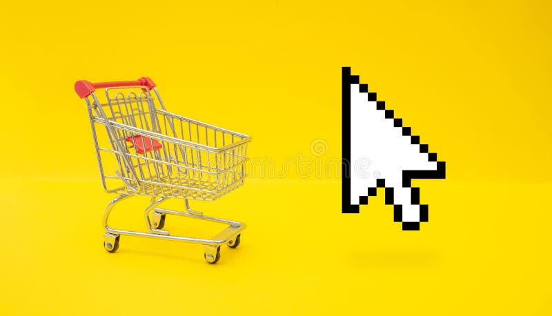 Empty trolley cart and mouse cursor on yellow surface stock images