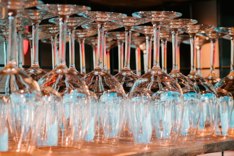 Empty Vine Glasses in a Bar, Ready for Serving Stock Image Image of