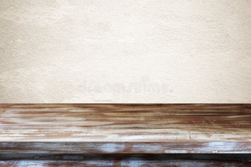 Empty vintage wood table and white cement wall background, banner, table top, shelf, counter design for product display montage stock photos