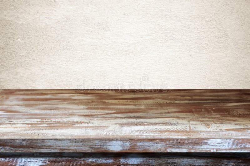 Empty vintage wood table and brown cement wall background, banner, Wooden table top, shelf, counter surface design for product stock photo