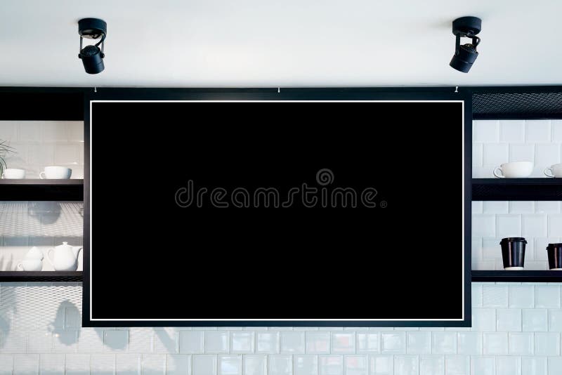Empty wall banner at cafe mockup, front view. Coffe cups and plants on shelf in background. Scandinavian interior design royalty free stock photos