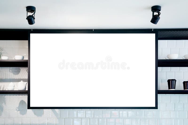Empty wall banner at cafe mockup, front view. Coffe cups and plants on shelf in background. Scandinavian interior design stock photography